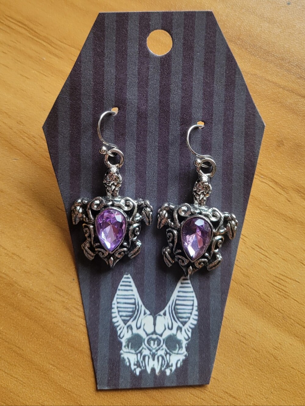 💀NEW💀 Hand Crafted Silver-Tone Turtle Earrings with Purple Gemstones